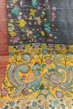 Black Hand Painted Kalamkari Pure Tussar Silk Saree