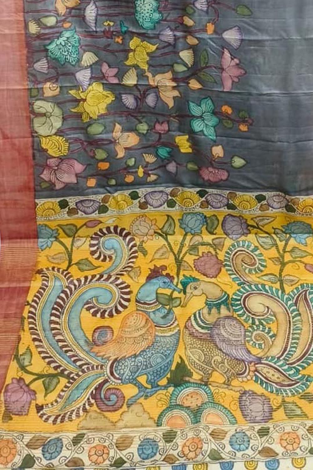 Black Hand Painted Kalamkari Pure Tussar Silk Saree