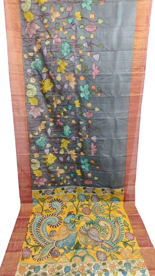 Black Hand Painted Kalamkari Pure Tussar Silk Saree