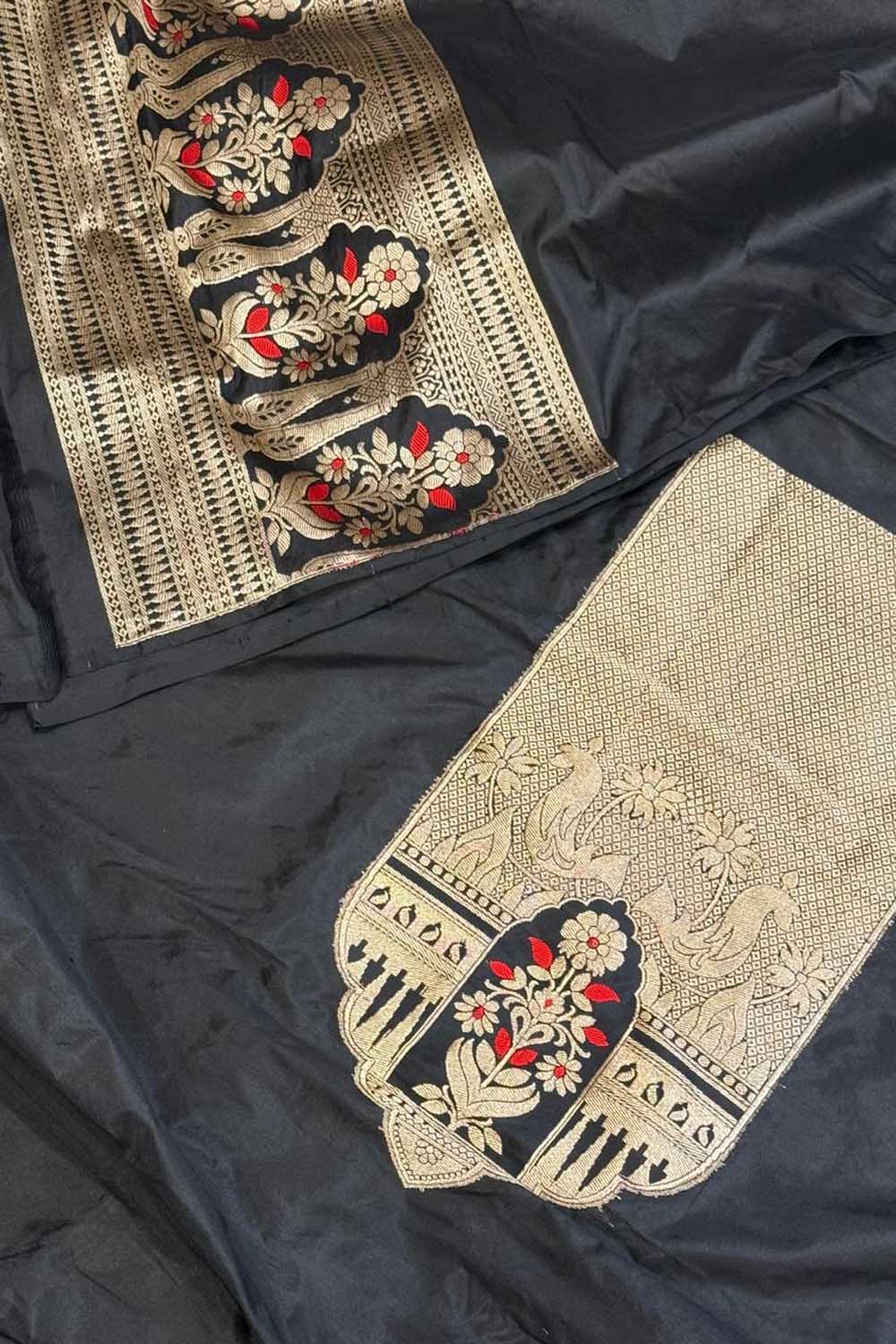 Black Banarasi Handloom Pure Katan Silk Cordset — Gold Zari Booti