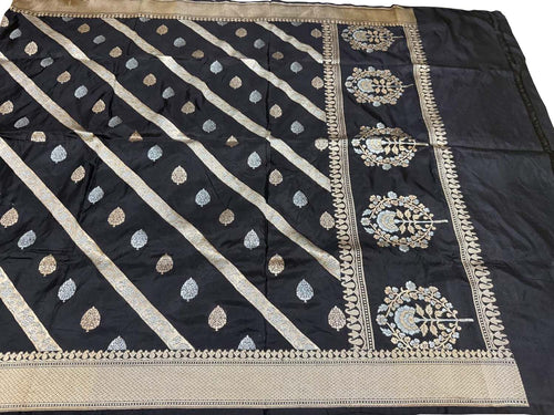 Black Banarasi Katan Silk Dupatta Handloom Woven Festive