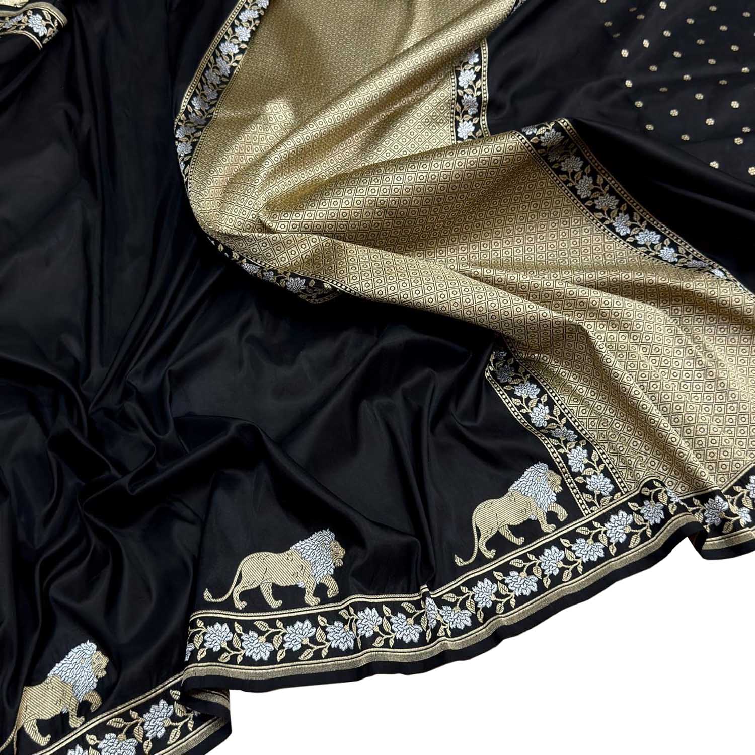 Black Handloom Banarasi Pure Katan Silk Sona Roopa Lion Design Saree
