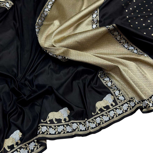 Black Banarasi Katan Silk Saree — Sona Roopa Lion Design, Bridal & Festive