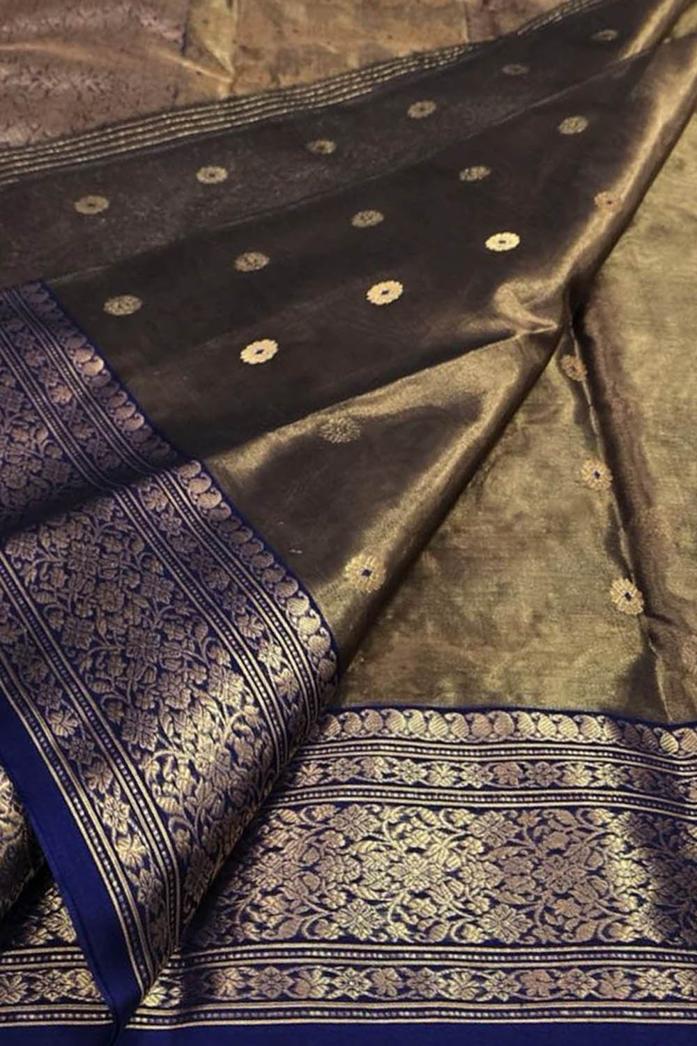 Black Handloom Chanderi Tissue Katan Silk Saree — Zari Weave, Formal