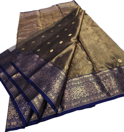 Black Handloom Chanderi Tissue Katan Silk Saree — Zari Weave, Formal