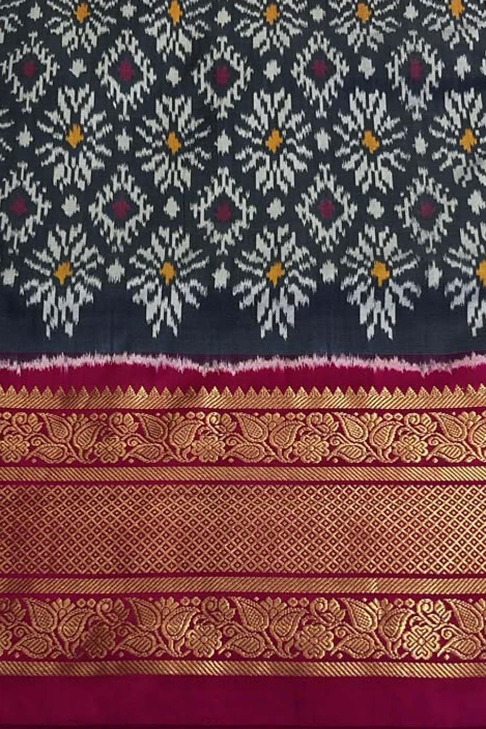 Black Ikat Pure Silk Saree Handloom Woven Kanjeevaram Border