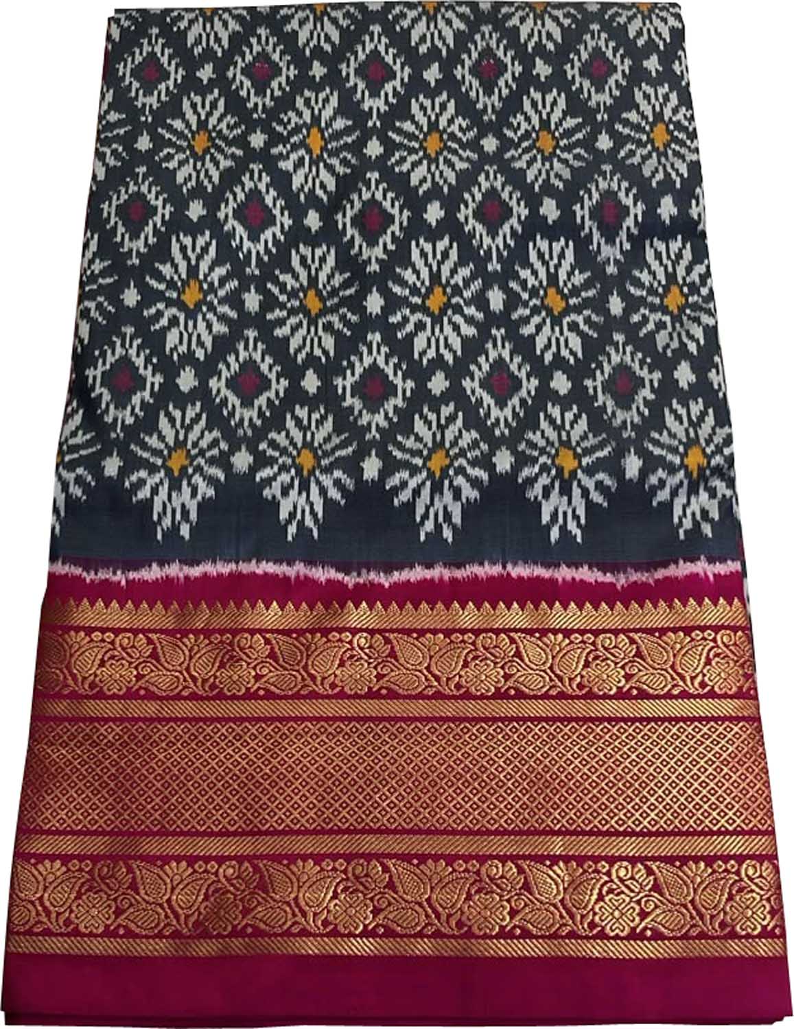 Black Ikat Pure Silk Saree Handloom Woven Kanjeevaram Border