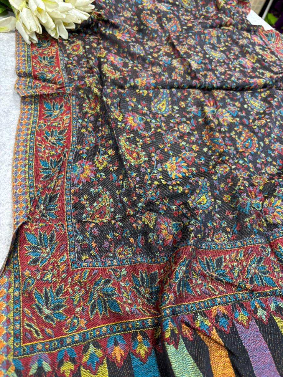 Black Kashmiri Pashmina Stole—Vintage Buta Needle Work, Festive & Ethnic Wear