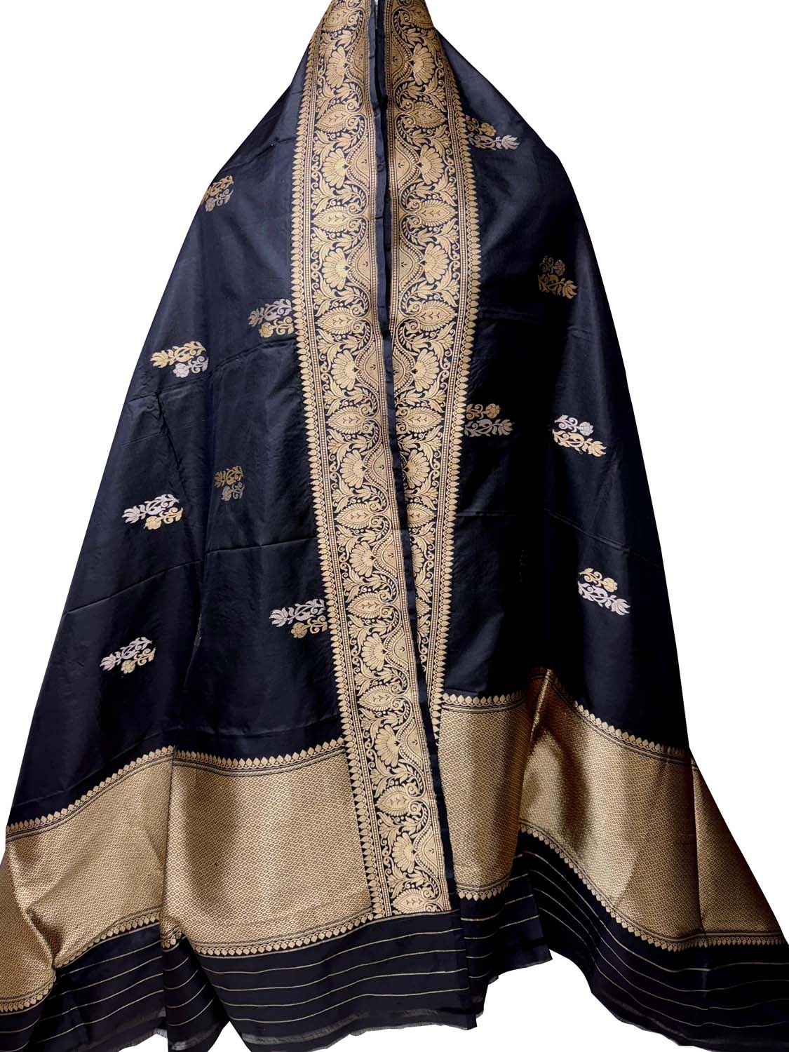 Black Pure Katan Silk Banarasi Handloom Booti Design Handloom Dupatta