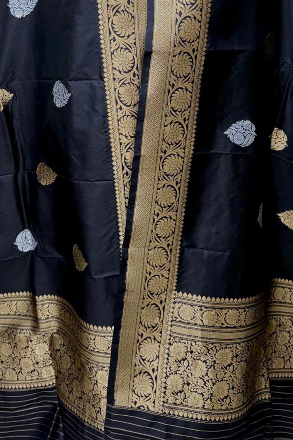 Black Pure Katan Silk Banarasi Handloom Booti Design Handloom Dupatta