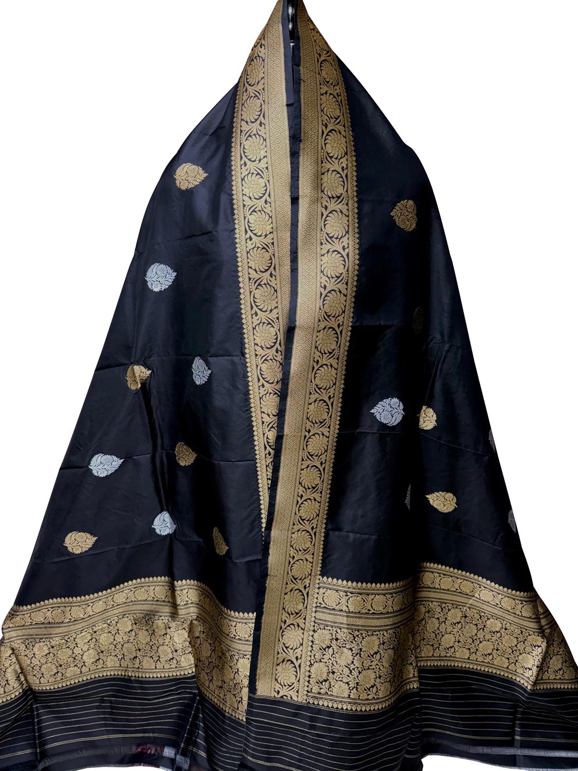 Black Pure Katan Silk Banarasi Handloom Booti Design Handloom Dupatta
