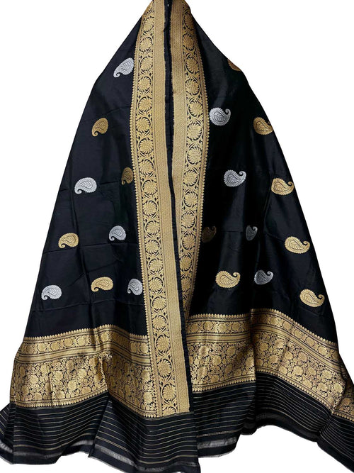 Black Pure Katan Silk Banarasi Handloom Booti Design Handloom Dupatta