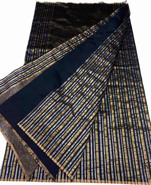 Black Chanderi Pure Pattu Silk Handloom Saree