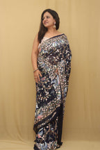 Blue Hand Embroidered Floral Work Parsi Gara Pure Georgette Saree - Luxurion World