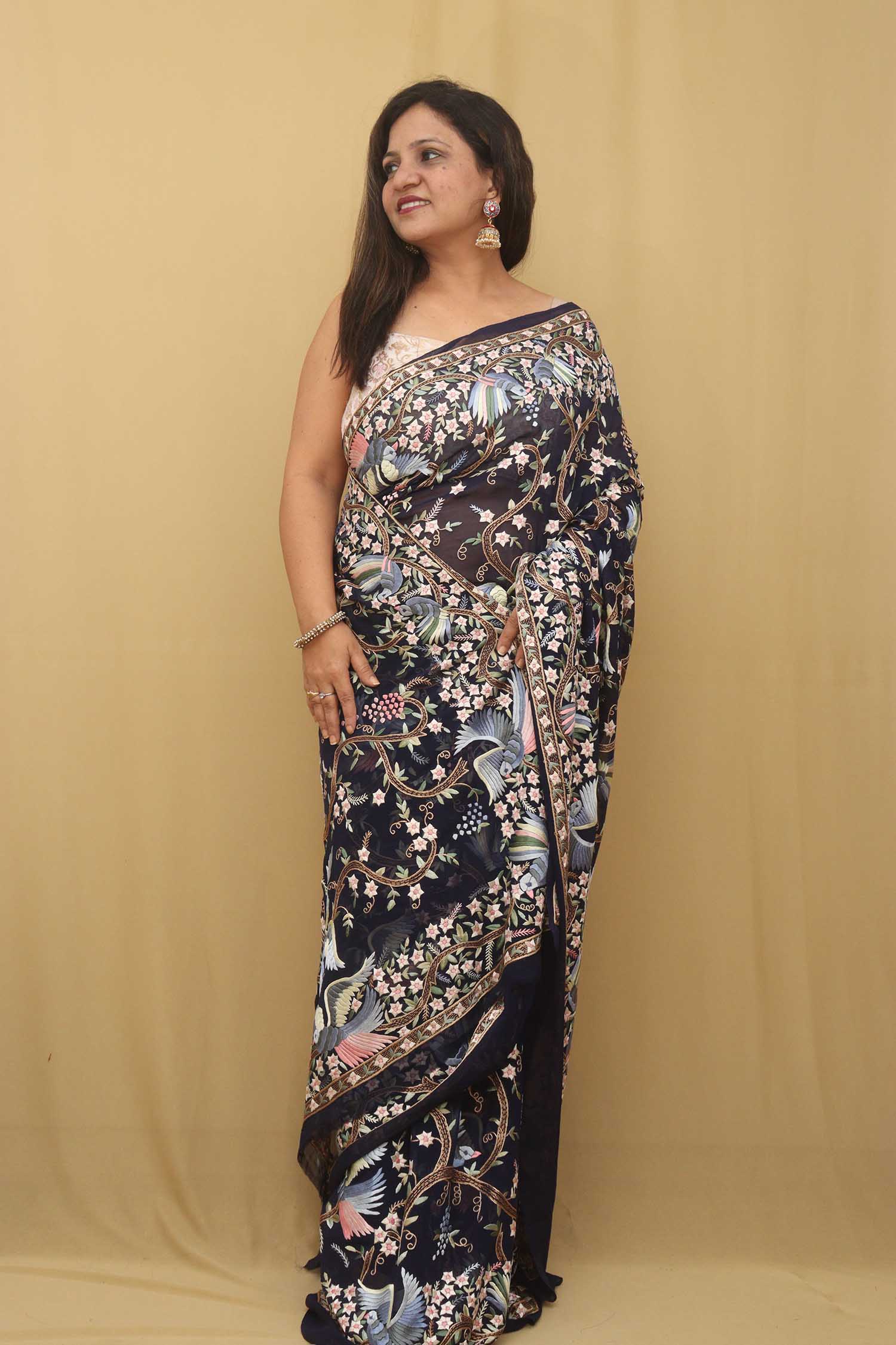 Blue Hand Embroidered Floral Work Parsi Gara Pure Georgette Saree - Luxurion World