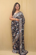 Blue Hand Embroidered Floral Work Parsi Gara Pure Georgette Saree - Luxurion World