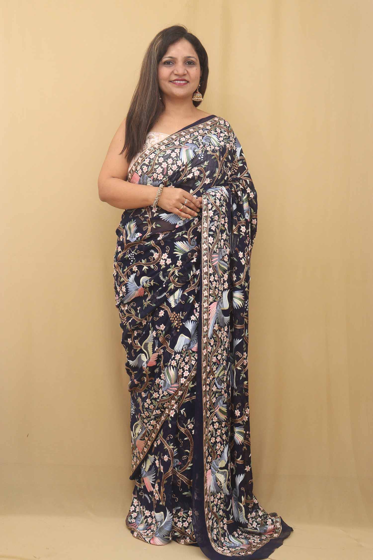 Blue Hand Embroidered Floral Work Parsi Gara Pure Georgette Saree - Luxurion World