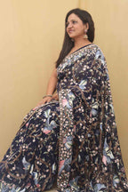 Blue Hand Embroidered Floral Work Parsi Gara Pure Georgette Saree - Luxurion World