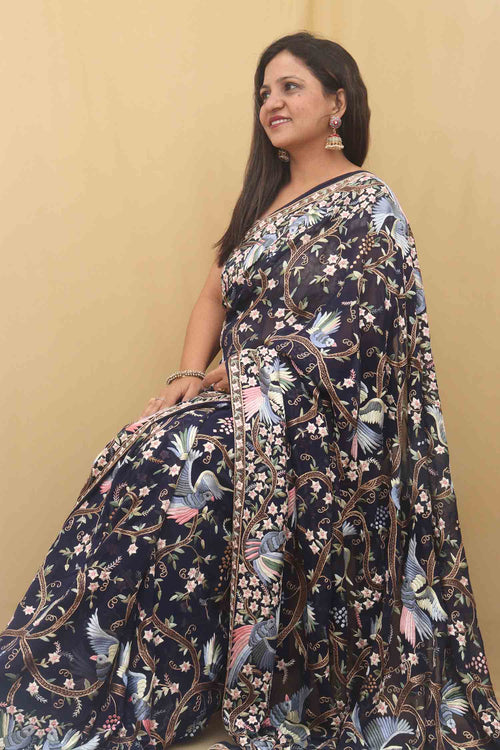 Blue Hand Embroidered Floral Work Parsi Gara Pure Georgette Saree - Luxurion World