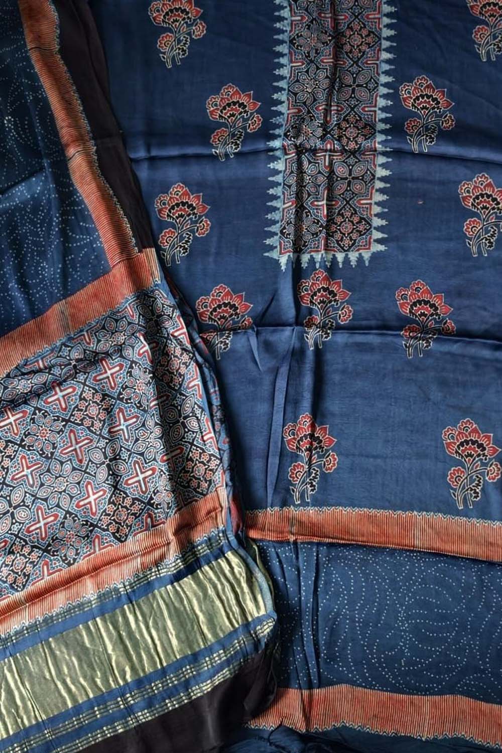 Blue Ajrakh Block Printed Modal Silk Unstitched Suit Set
