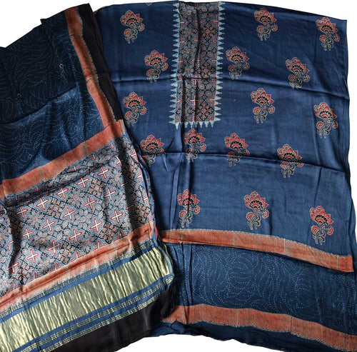 Blue Ajrakh Block Printed Modal Silk Unstitched Suit Set