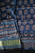 Blue Ajrakh Block Printed Modal Silk Unstitched Suit Set