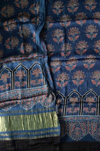 Blue Ajrakh Block Printed Modal Silk Unstitched Suit Set