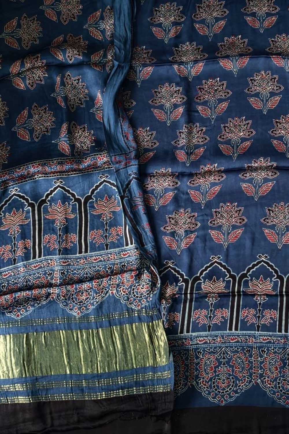 Blue Ajrakh Block Printed Modal Silk Unstitched Suit Set