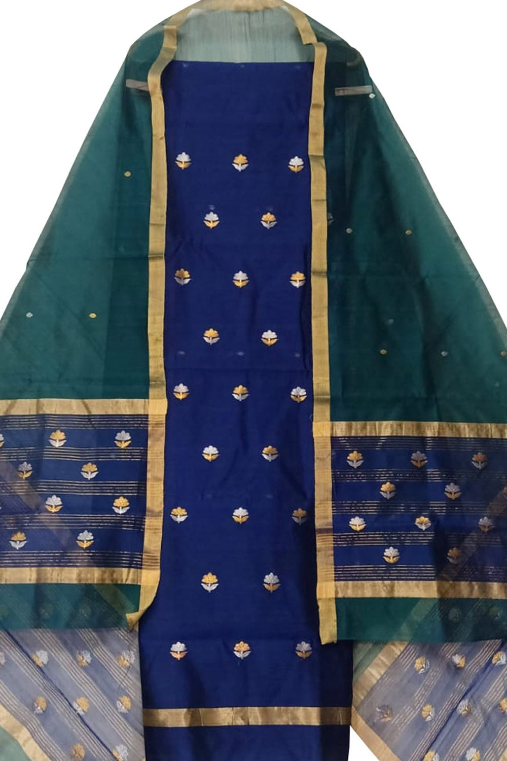 Blue And Green Chanderi Handloom Cotton Silk Two Piece Unstitched Suit Set