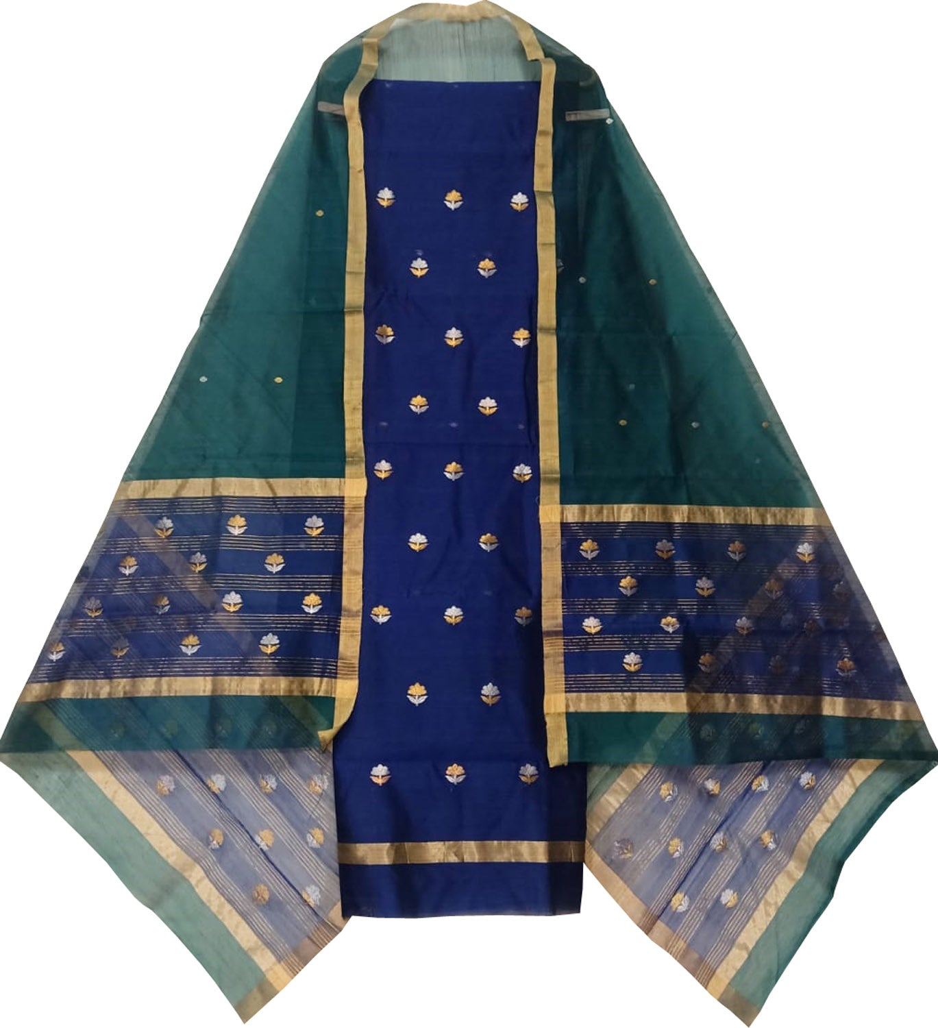 Blue And Green Chanderi Handloom Cotton Silk Two Piece Unstitched Suit Set