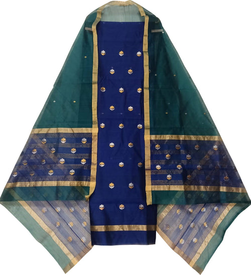 Blue And Green Chanderi Handloom Cotton Silk Two Piece Unstitched Suit Set