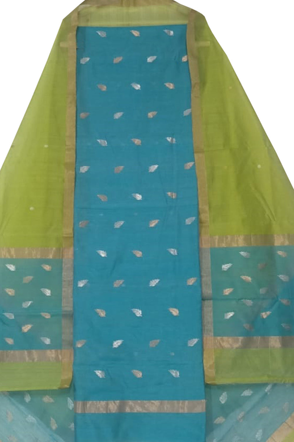 Blue And Green Chanderi Handloom Cotton Silk Two Piece Unstitched Suit Set
