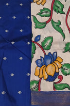 Blue And Off White Kalamkari Hand Painted Raw Silk Suit With Chennur Silk Dupatta