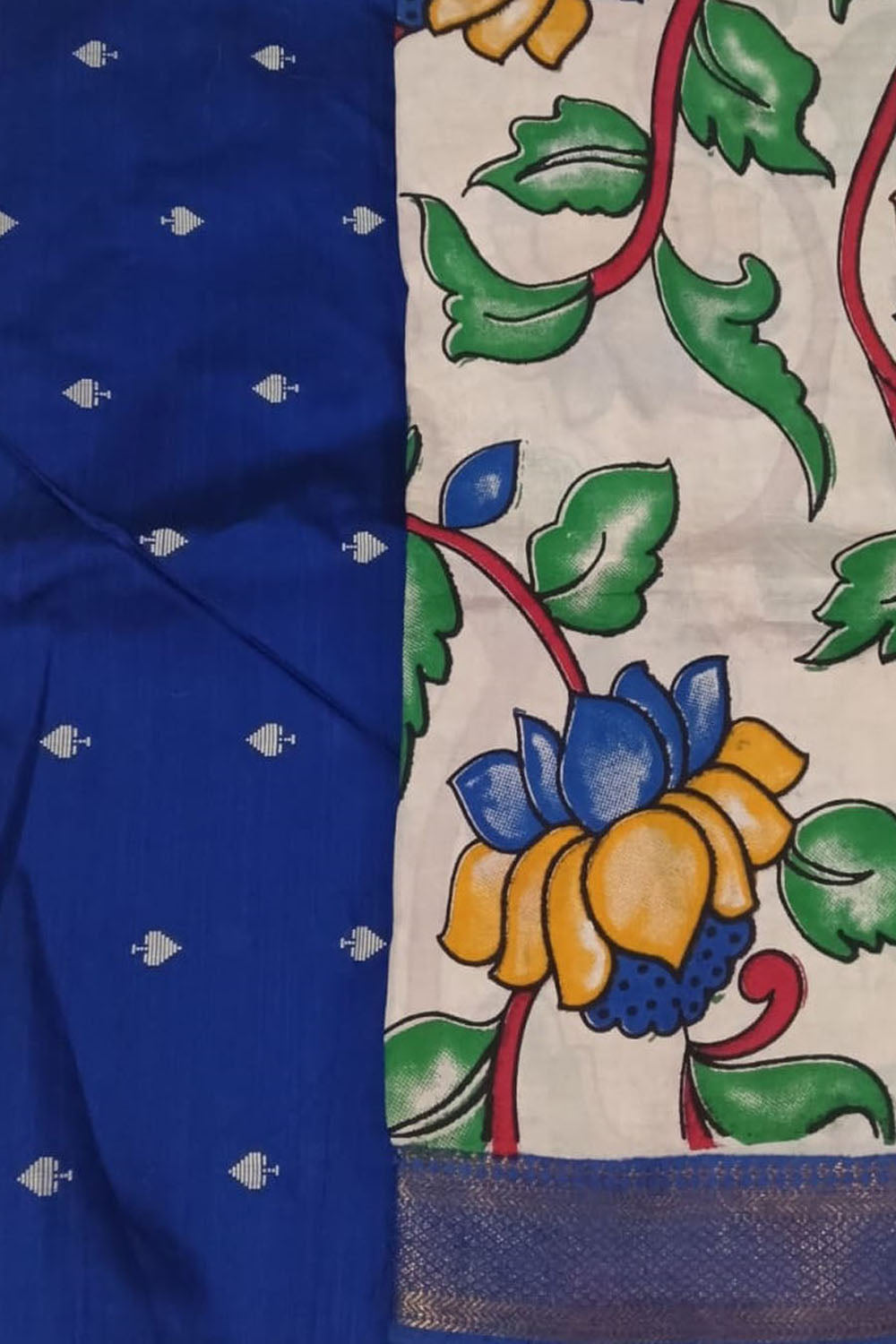 Blue And Off White Kalamkari Hand Painted Raw Silk Suit With Chennur Silk Dupatta