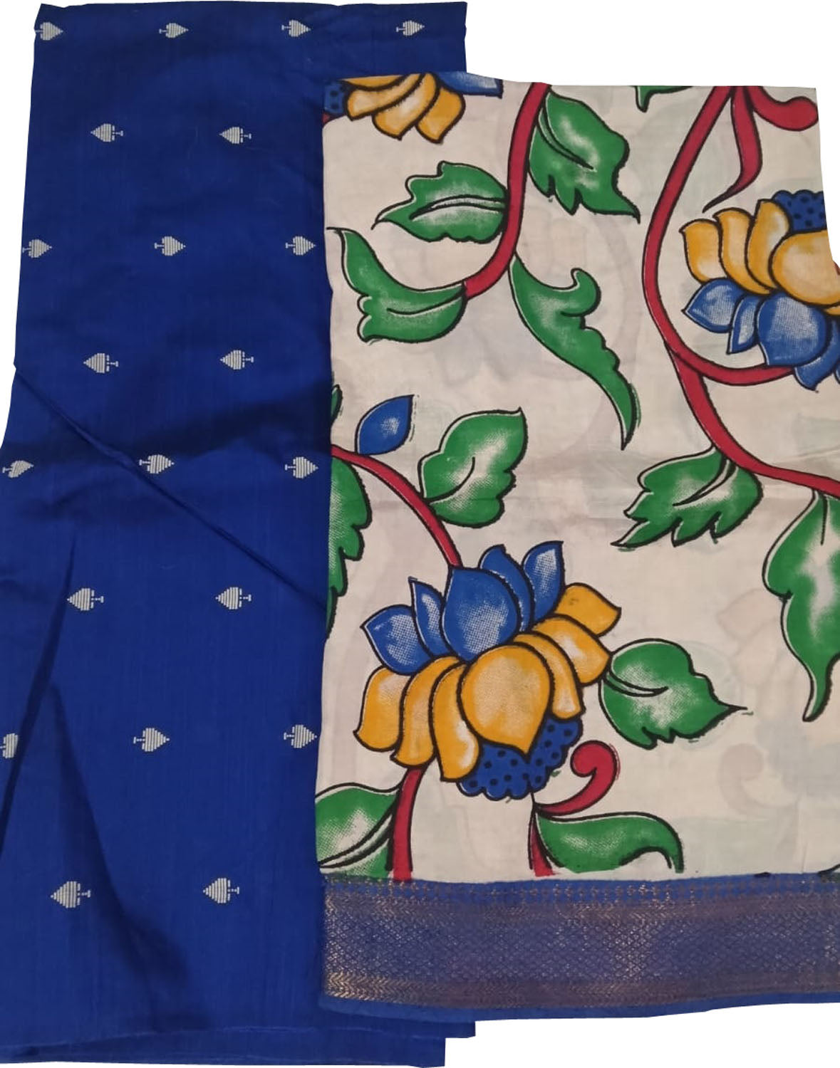 Blue And Off White Kalamkari Hand Painted Raw Silk Suit With Chennur Silk Dupatta