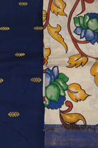 Blue And Off White Kalamkari Hand Painted Raw Silk Suit With Chennur Silk Dupatta
