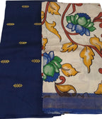 Blue And Off White Kalamkari Hand Painted Raw Silk Suit With Chennur Silk Dupatta
