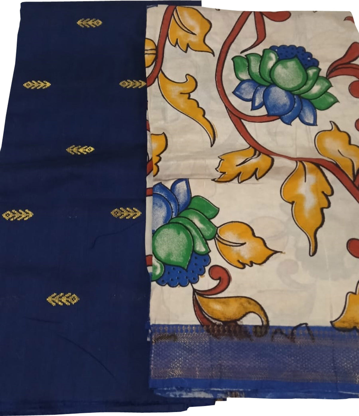 Blue And Off White Kalamkari Hand Painted Raw Silk Suit With Chennur Silk Dupatta
