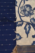 Blue And Off White Kalamkari Hand Painted Raw Silk Suit With Chennur Silk Dupatta