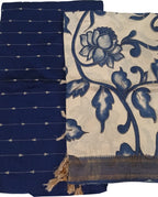 Blue And Off White Kalamkari Hand Painted Raw Silk Suit With Chennur Silk Dupatta