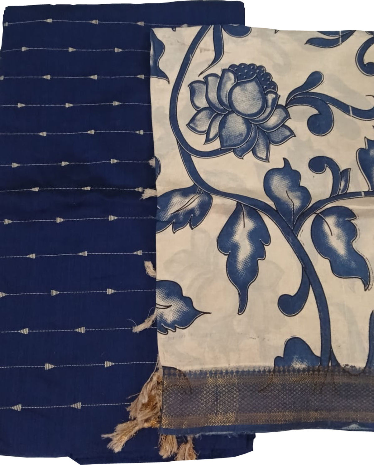 Blue And Off White Kalamkari Hand Painted Raw Silk Suit With Chennur Silk Dupatta