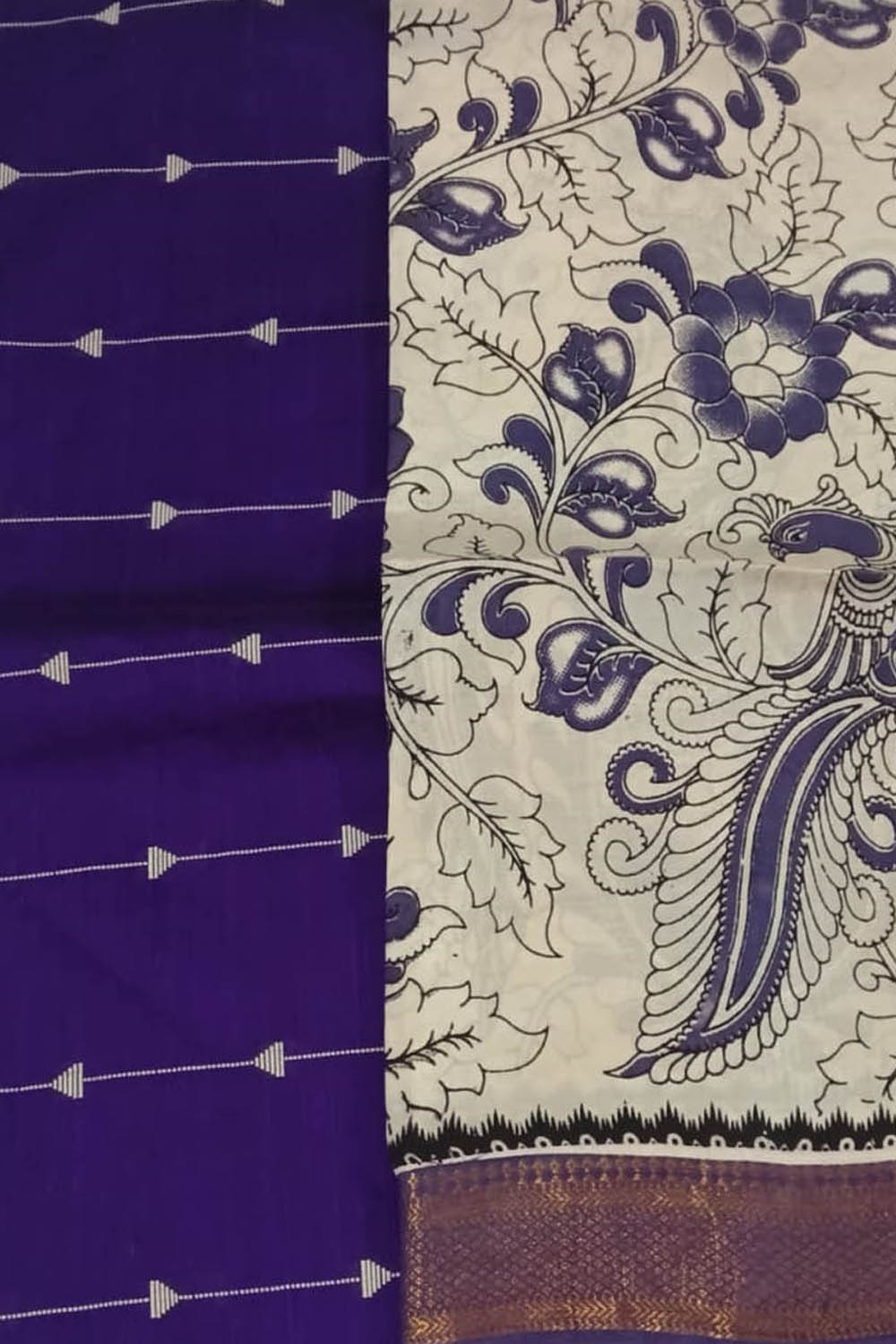 Blue And Off White Kalamkari Hand Painted Raw Silk Suit With Chennur Silk Dupatta