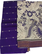 Blue And Off White Kalamkari Hand Painted Raw Silk Suit With Chennur Silk Dupatta