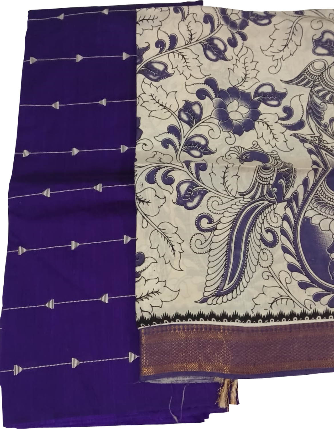 Blue And Off White Kalamkari Hand Painted Raw Silk Suit With Chennur Silk Dupatta