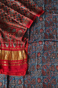 Blue And Red Ajrakh Block Printed Modal Silk Unstitched Suit Set