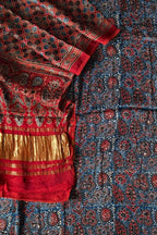 Blue And Red Ajrakh Block Printed Modal Silk Unstitched Suit Set