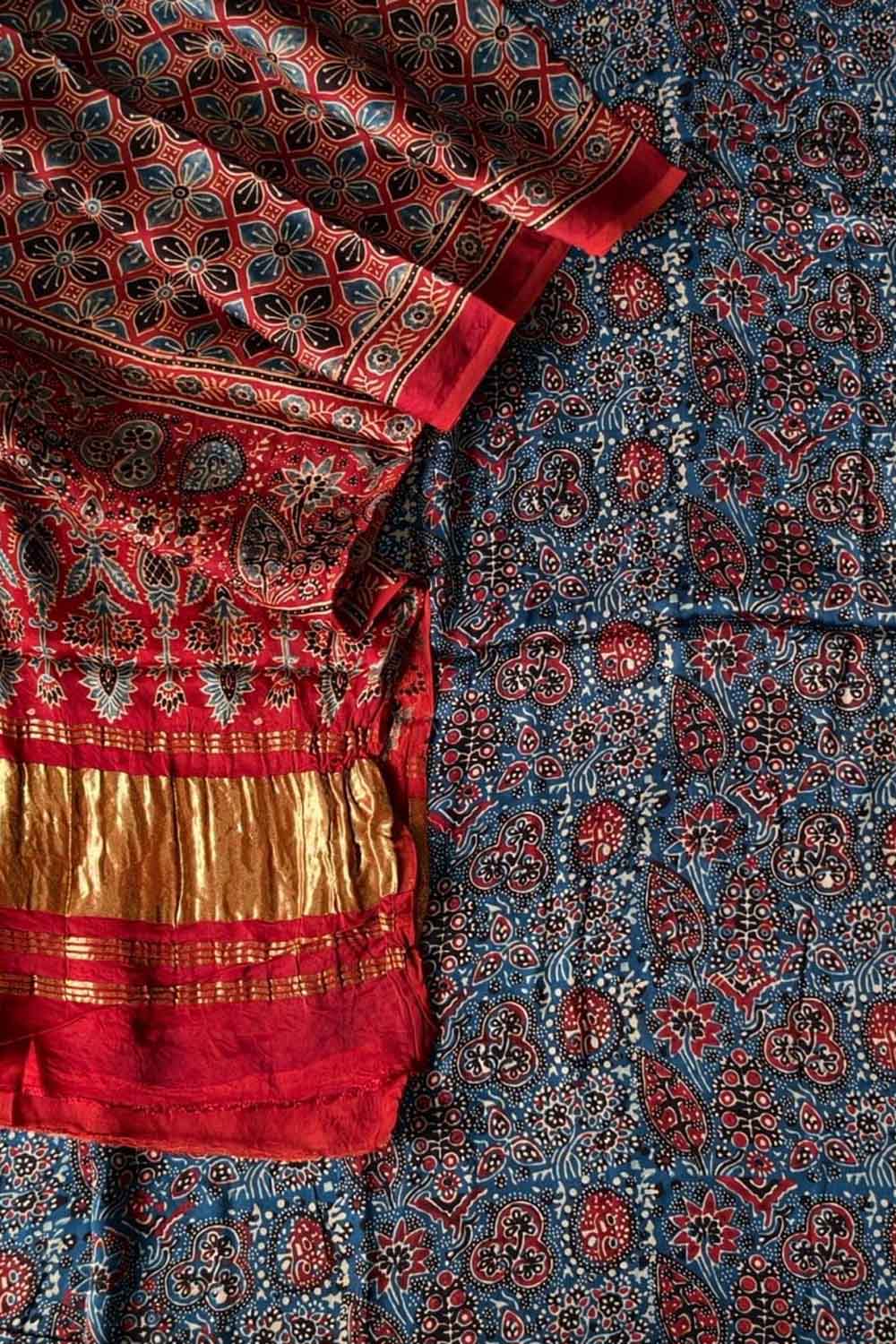 Blue And Red Ajrakh Block Printed Modal Silk Unstitched Suit Set