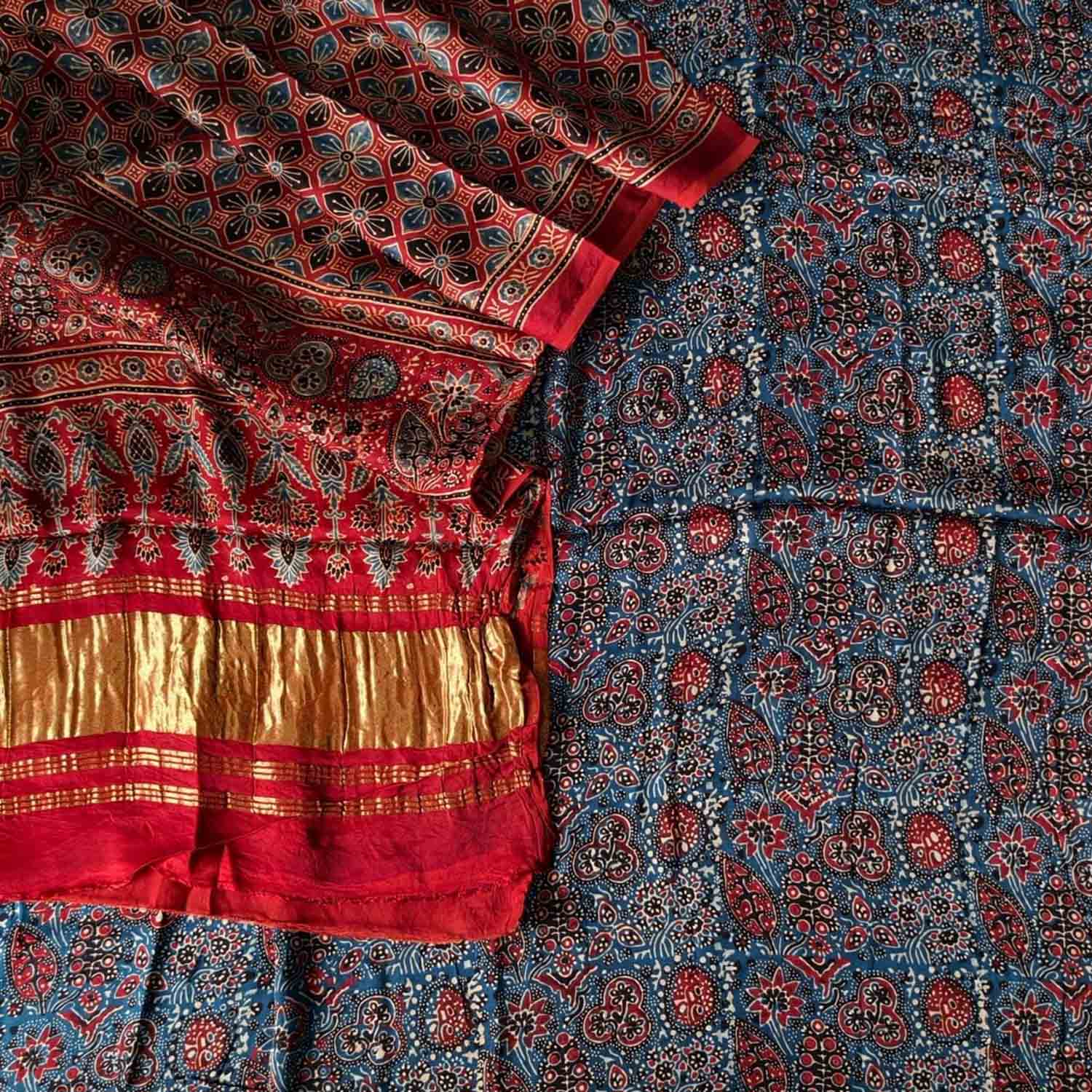 Blue And Red Ajrakh Block Printed Modal Silk Unstitched Suit Set
