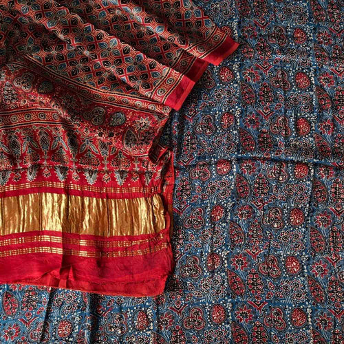 Blue And Red Ajrakh Block Printed Modal Silk Unstitched Suit Set