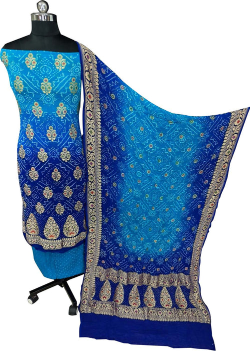 Blue Banarasi Bandhani Georgette Meenakari Rai Bandhej Three Piece Suit Festive